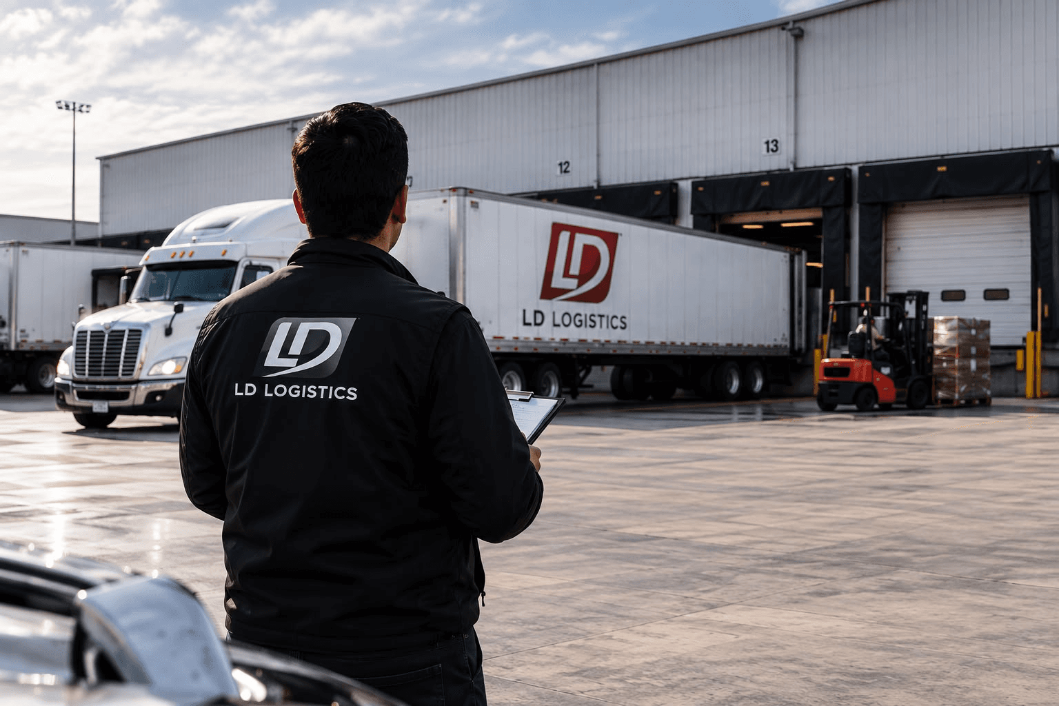Personal de LD Logistics frente a un camión de carga en los andenes de un almacén